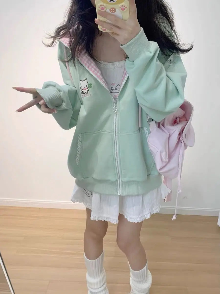 Y2k Hoodies Green Kawaii Cat Floral Print Hooded Zip-up Woman Sweatshirts Pink Thin Jacket Spring Fall Clothes Cute Streetwear