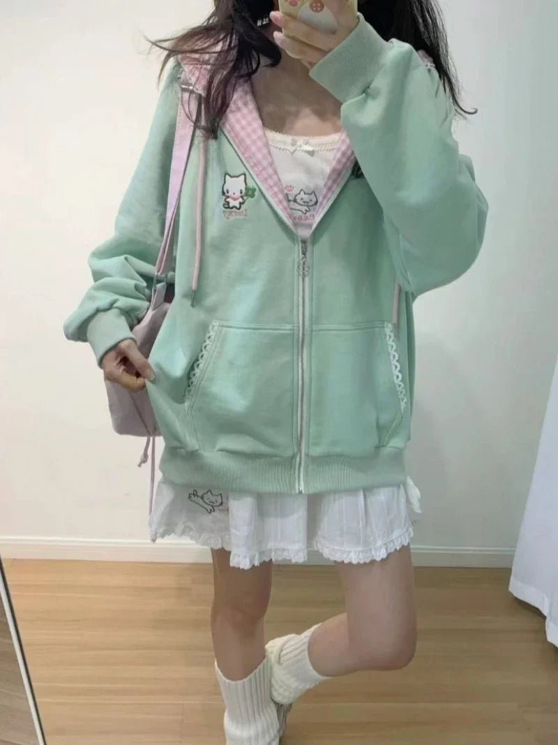 Y2k Hoodies Green Kawaii Cat Floral Print Hooded Zip-up Woman Sweatshirts Pink Thin Jacket Spring Fall Clothes Cute Streetwear