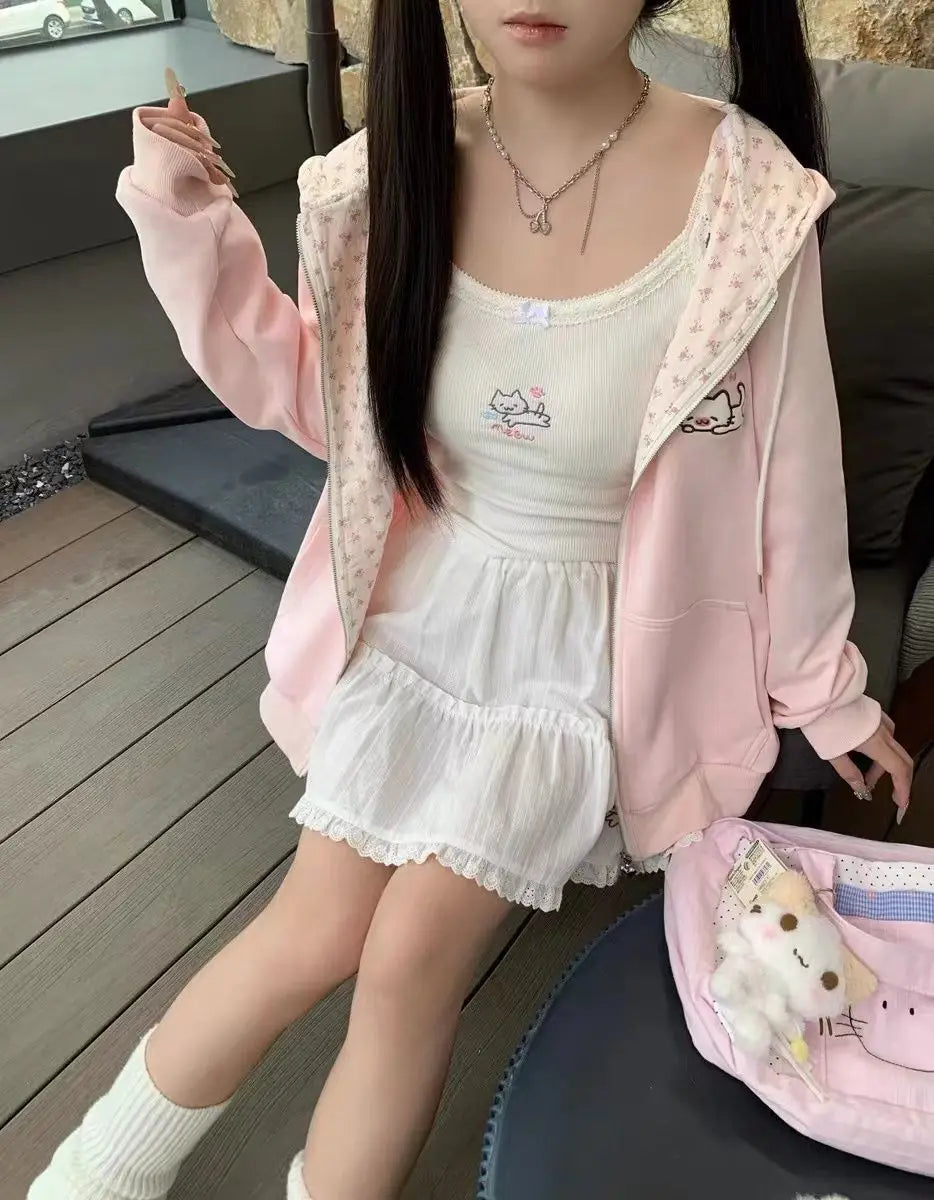 Y2k Hoodies Green Kawaii Cat Floral Print Hooded Zip-up Woman Sweatshirts Pink Thin Jacket Spring Fall Clothes Cute Streetwear