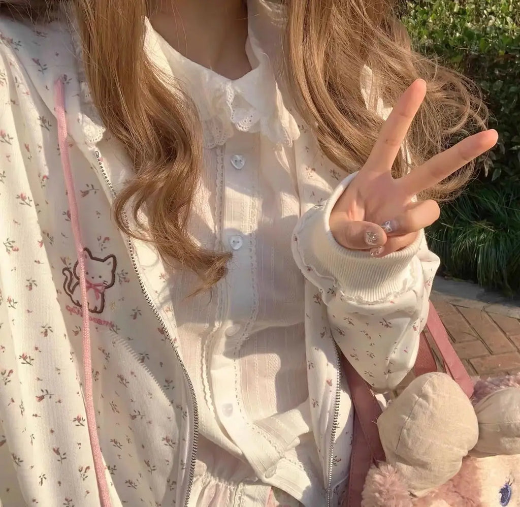 Y2k Hoodies Green Kawaii Cat Floral Print Hooded Zip-up Woman Sweatshirts Pink Thin Jacket Spring Fall Clothes Cute Streetwear