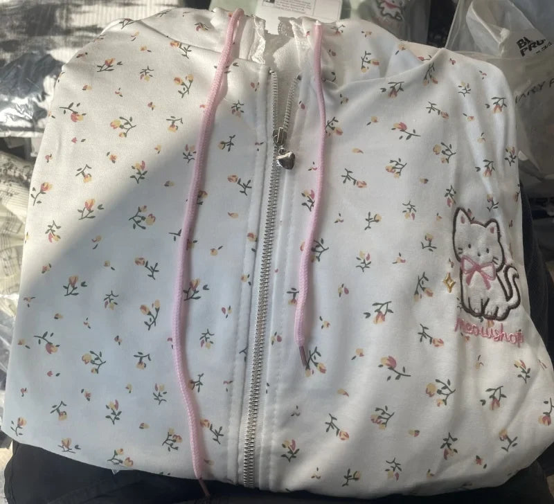 Y2k Hoodies Green Kawaii Cat Floral Print Hooded Zip-up Woman Sweatshirts Pink Thin Jacket Spring Fall Clothes Cute Streetwear