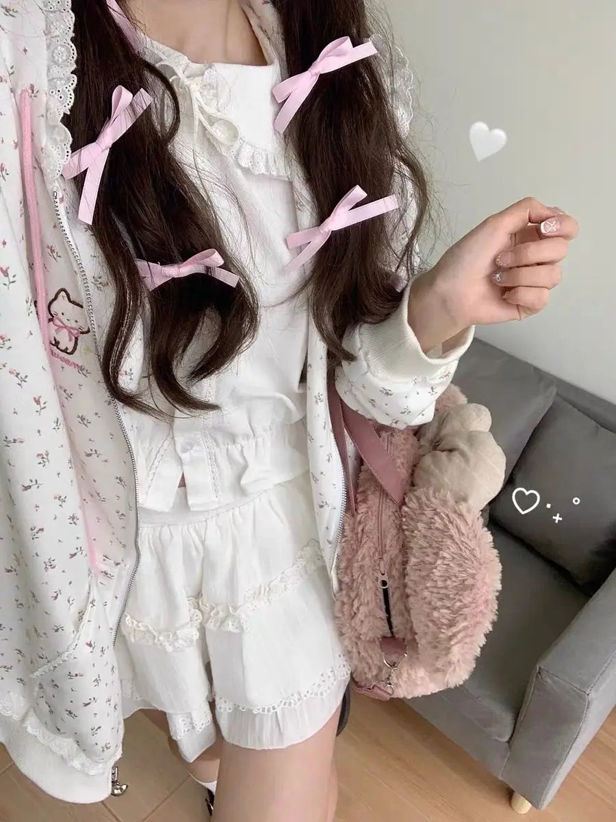 Y2k Hoodies Green Kawaii Cat Floral Print Hooded Zip-up Woman Sweatshirts Pink Thin Jacket Spring Fall Clothes Cute Streetwear