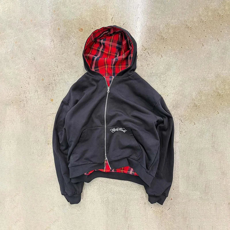 American Retro Reversible Plaid Zipper Hoodie Sweatshirt Mens Womens Casual Plaid Sweatshirt Solid Color Lining Y2K Street Style