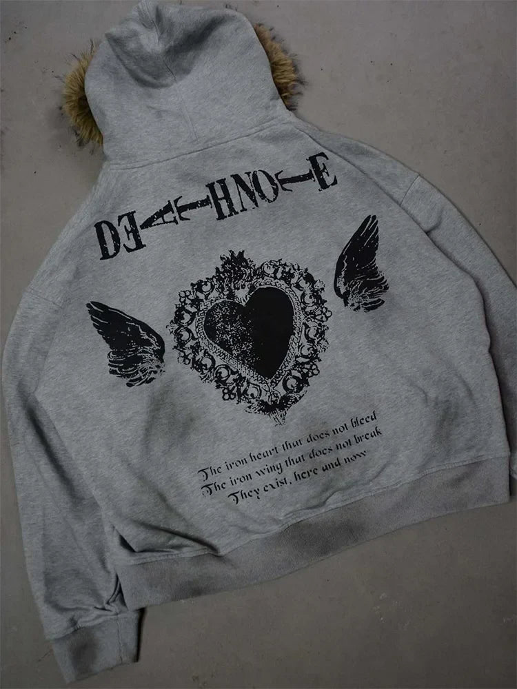 Winter Fashion Streetwear Women's Gothic Printed Faux Fur Hooded Jacket Trendy Edgy Zip - Up Sweatshirt 2026 New Arrival