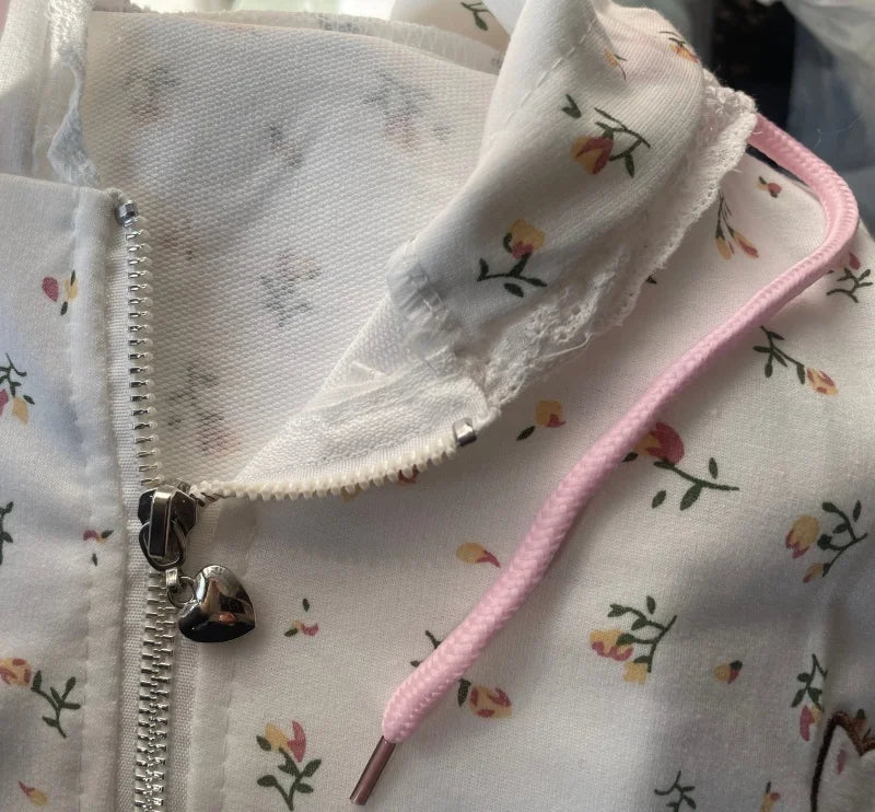 Y2k Hoodies Green Kawaii Cat Floral Print Hooded Zip-up Woman Sweatshirts Pink Thin Jacket Spring Fall Clothes Cute Streetwear