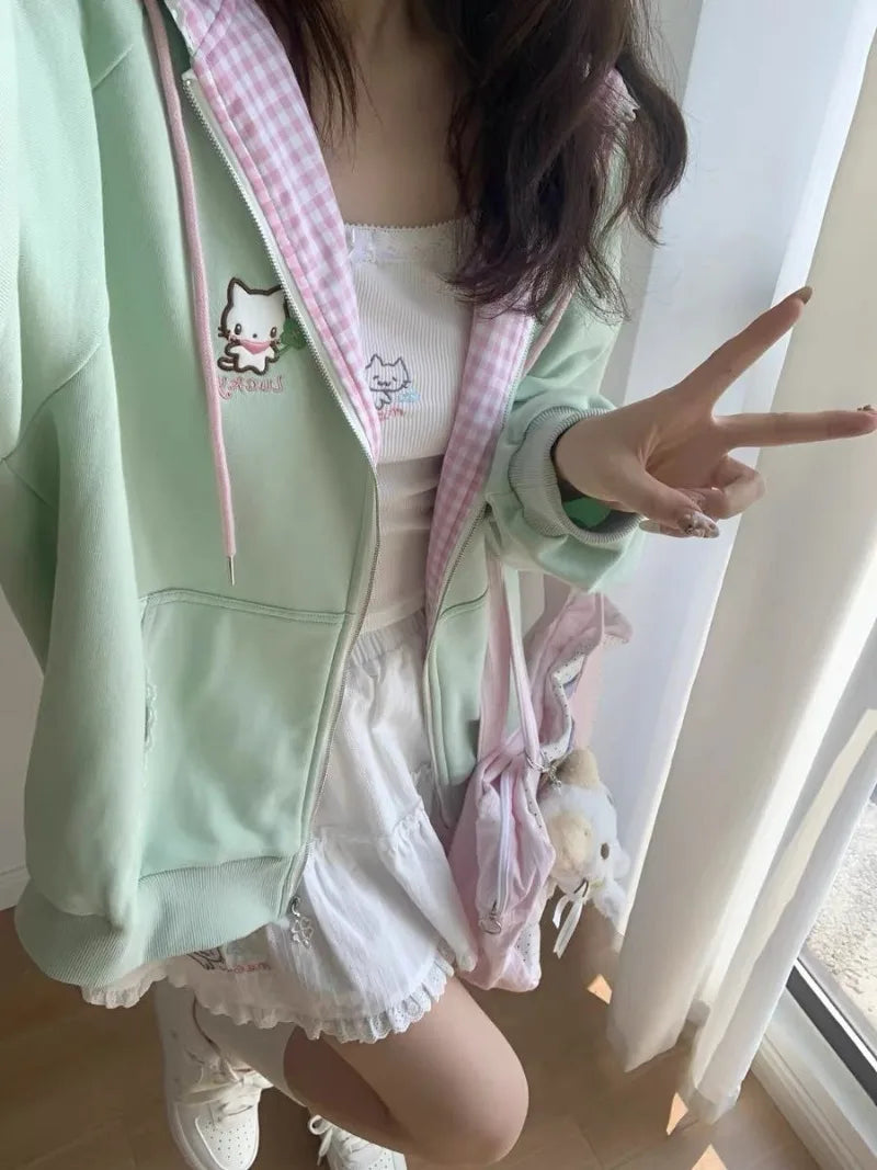 Y2k Hoodies Green Kawaii Cat Floral Print Hooded Zip-up Woman Sweatshirts Pink Thin Jacket Spring Fall Clothes Cute Streetwear