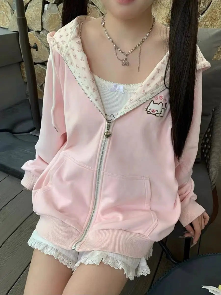Y2k Hoodies Green Kawaii Cat Floral Print Hooded Zip-up Woman Sweatshirts Pink Thin Jacket Spring Fall Clothes Cute Streetwear