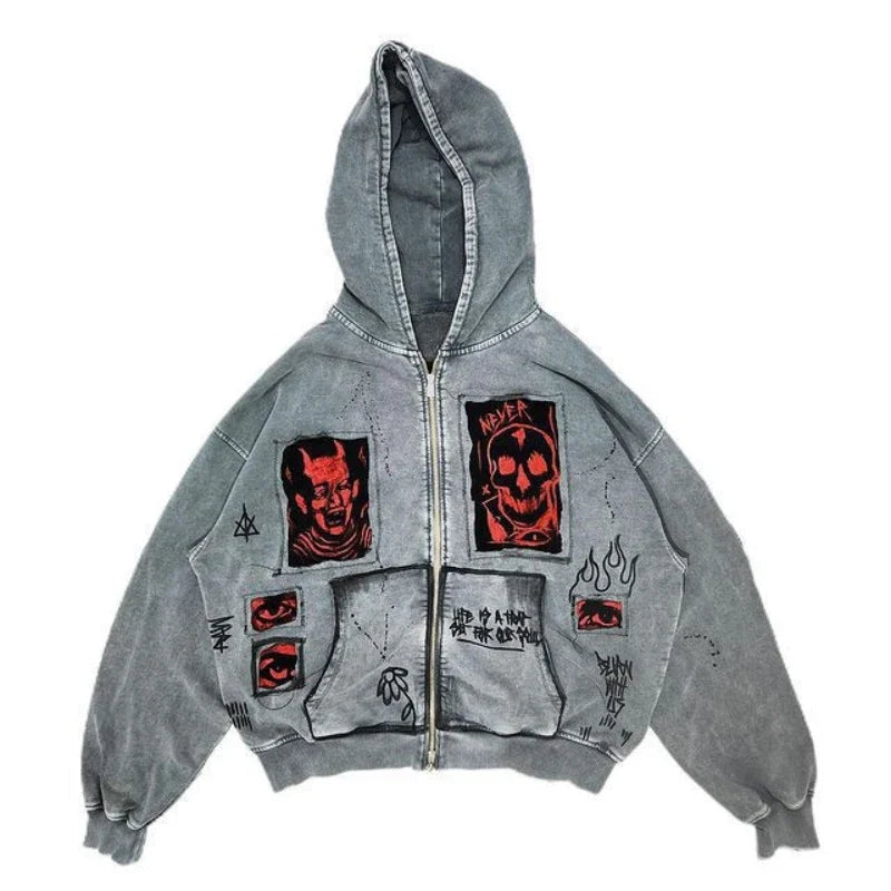 European and American street Y2K devil print fashion trend Harajuku heavyweight men's and women's loose hooded hoodie Y2K EMO