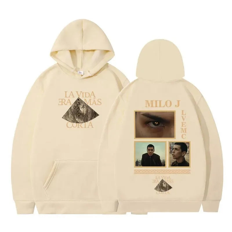 Rapper Milo J Oversized Hoody Album La Vida Era Mas Corta Print Hoodie Men Women Harajuku Pullover Long Sleeves Thick Sweatshirt