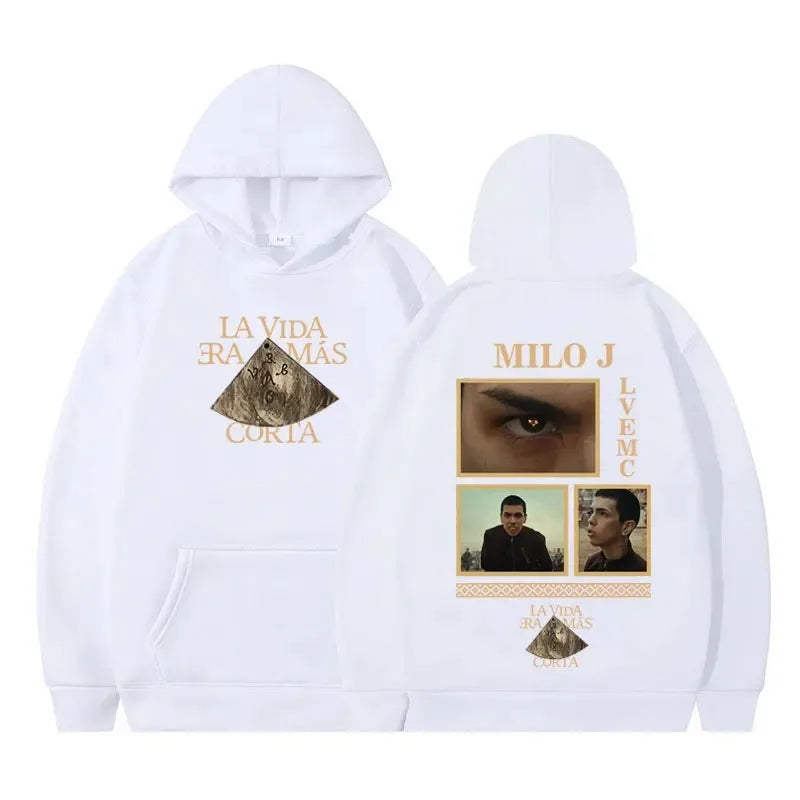 Rapper Milo J Oversized Hoody Album La Vida Era Mas Corta Print Hoodie Men Women Harajuku Pullover Long Sleeves Thick Sweatshirt