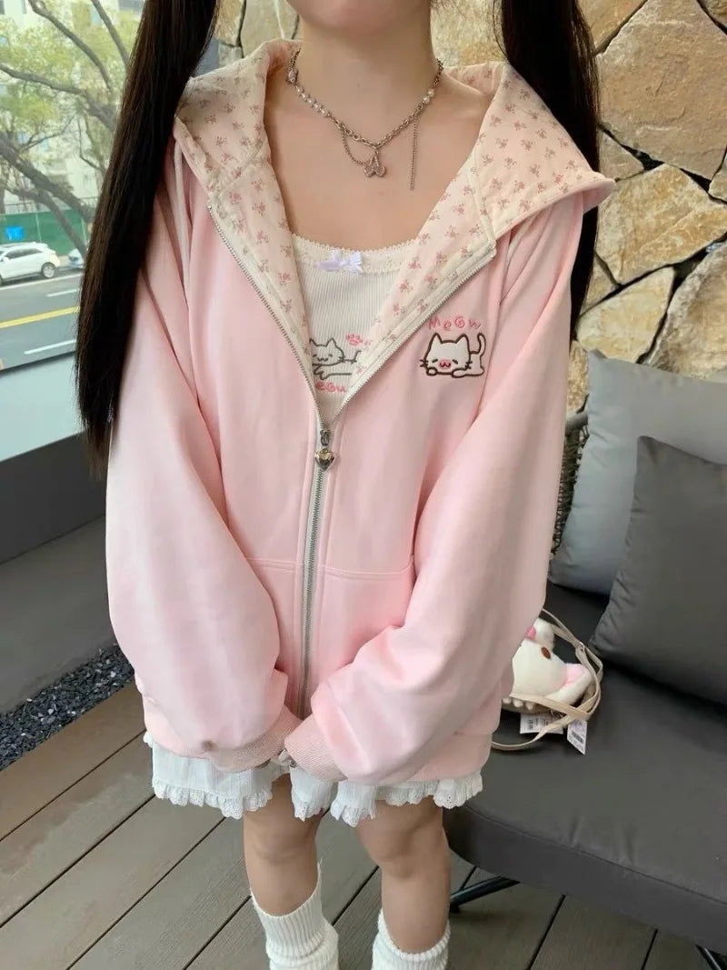 Y2k Hoodies Green Kawaii Cat Floral Print Hooded Zip-up Woman Sweatshirts Pink Thin Jacket Spring Fall Clothes Cute Streetwear