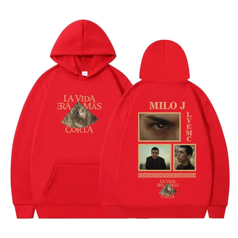 Rapper Milo J Oversized Hoody Album La Vida Era Mas Corta Print Hoodie Men Women Harajuku Pullover Long Sleeves Thick Sweatshirt