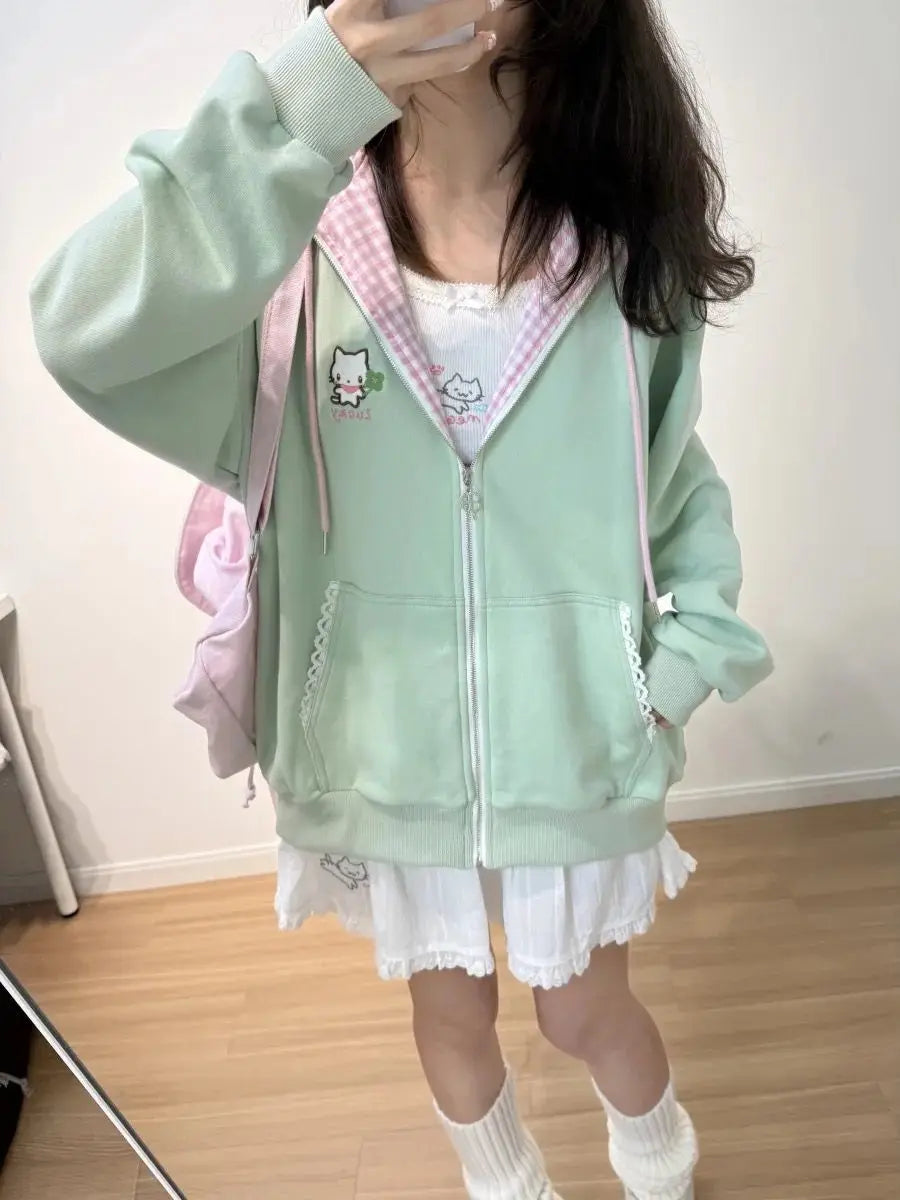 Y2k Hoodies Green Kawaii Cat Floral Print Hooded Zip-up Woman Sweatshirts Pink Thin Jacket Spring Fall Clothes Cute Streetwear