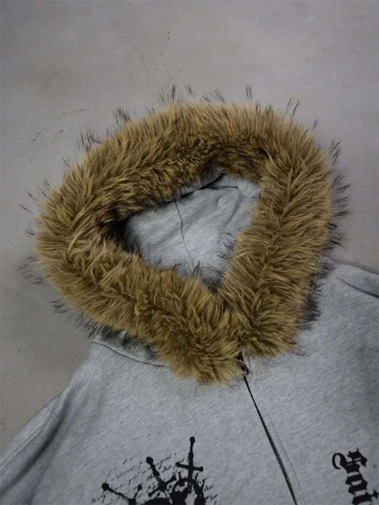 Winter Fashion Streetwear Women's Gothic Printed Faux Fur Hooded Jacket Trendy Edgy Zip - Up Sweatshirt 2026 New Arrival