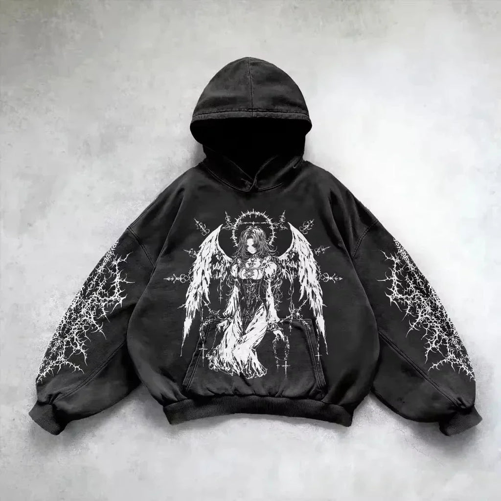 Retro Gothic Graphic Print Hip Hop Hoodie for Men Y2k Grunge Punk Casual Loose Pullover Women Streetwear Sweatshirt Hoodies