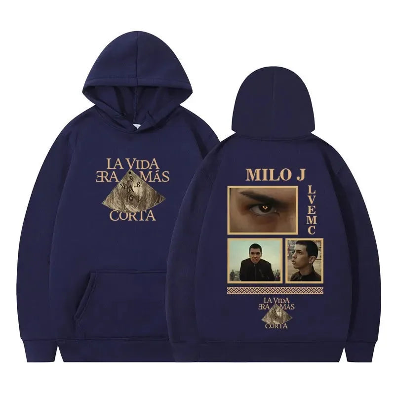 Rapper Milo J Oversized Hoody Album La Vida Era Mas Corta Print Hoodie Men Women Harajuku Pullover Long Sleeves Thick Sweatshirt