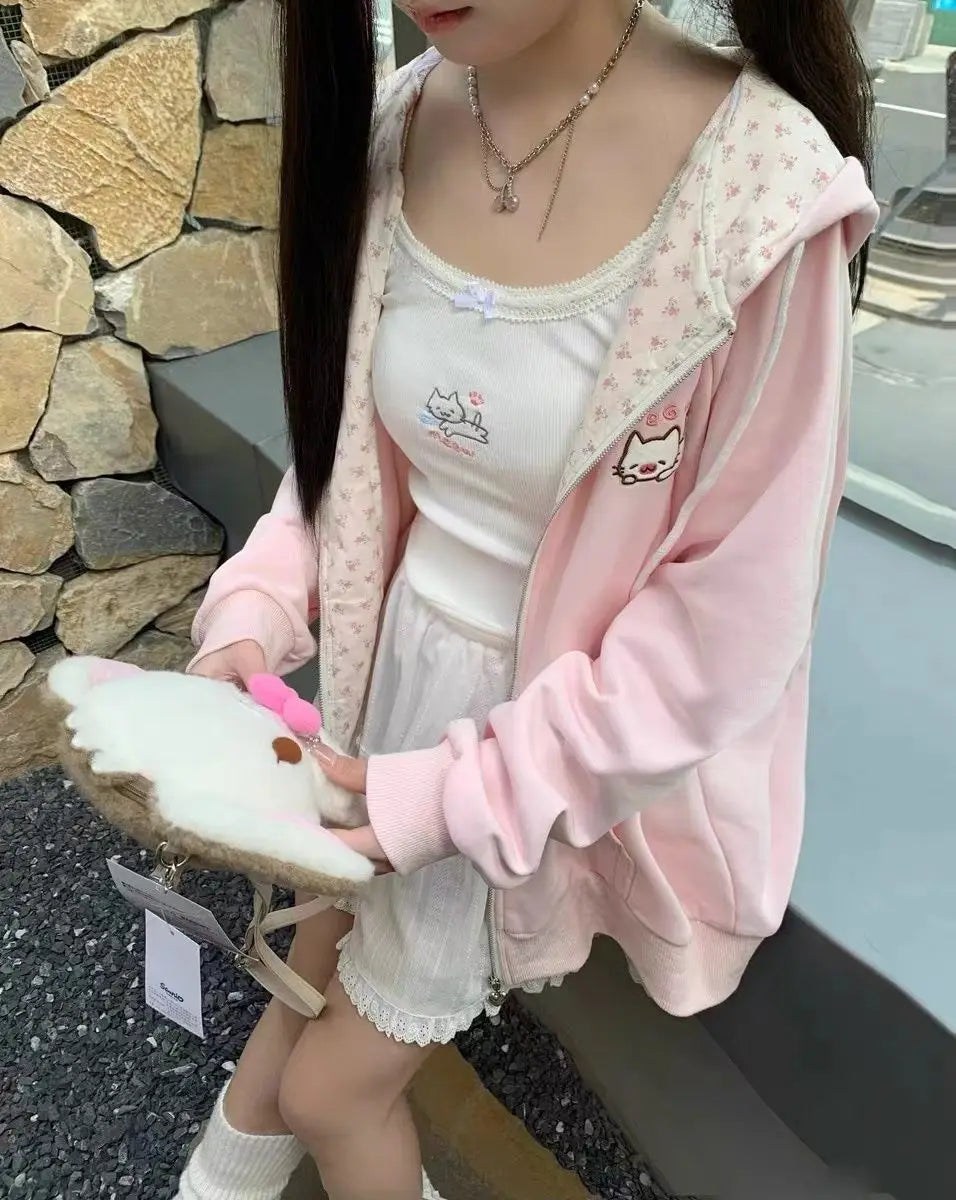 Y2k Hoodies Green Kawaii Cat Floral Print Hooded Zip-up Woman Sweatshirts Pink Thin Jacket Spring Fall Clothes Cute Streetwear