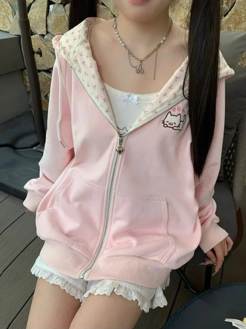 Y2k Hoodies Green Kawaii Cat Floral Print Hooded Zip-up Woman Sweatshirts Pink Thin Jacket Spring Fall Clothes Cute Streetwear