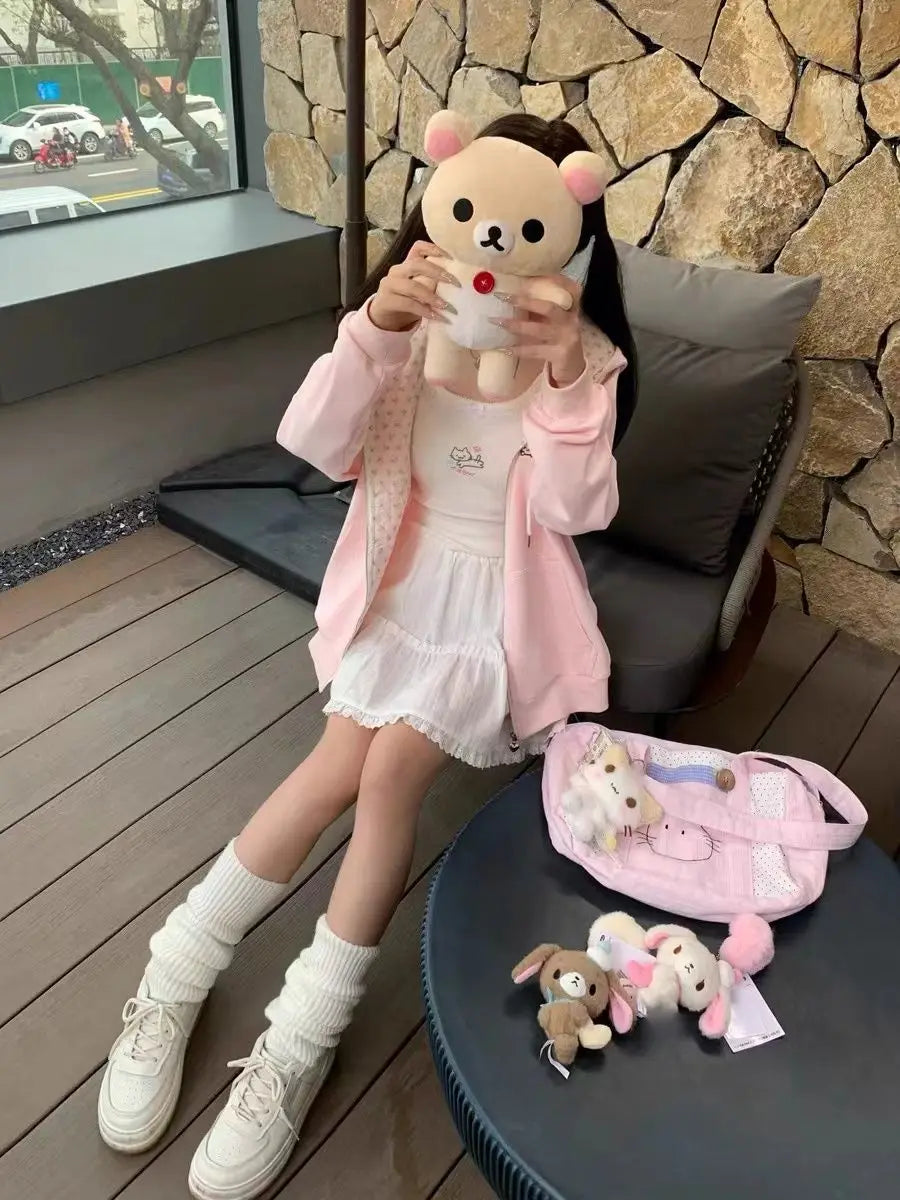 Y2k Hoodies Green Kawaii Cat Floral Print Hooded Zip-up Woman Sweatshirts Pink Thin Jacket Spring Fall Clothes Cute Streetwear