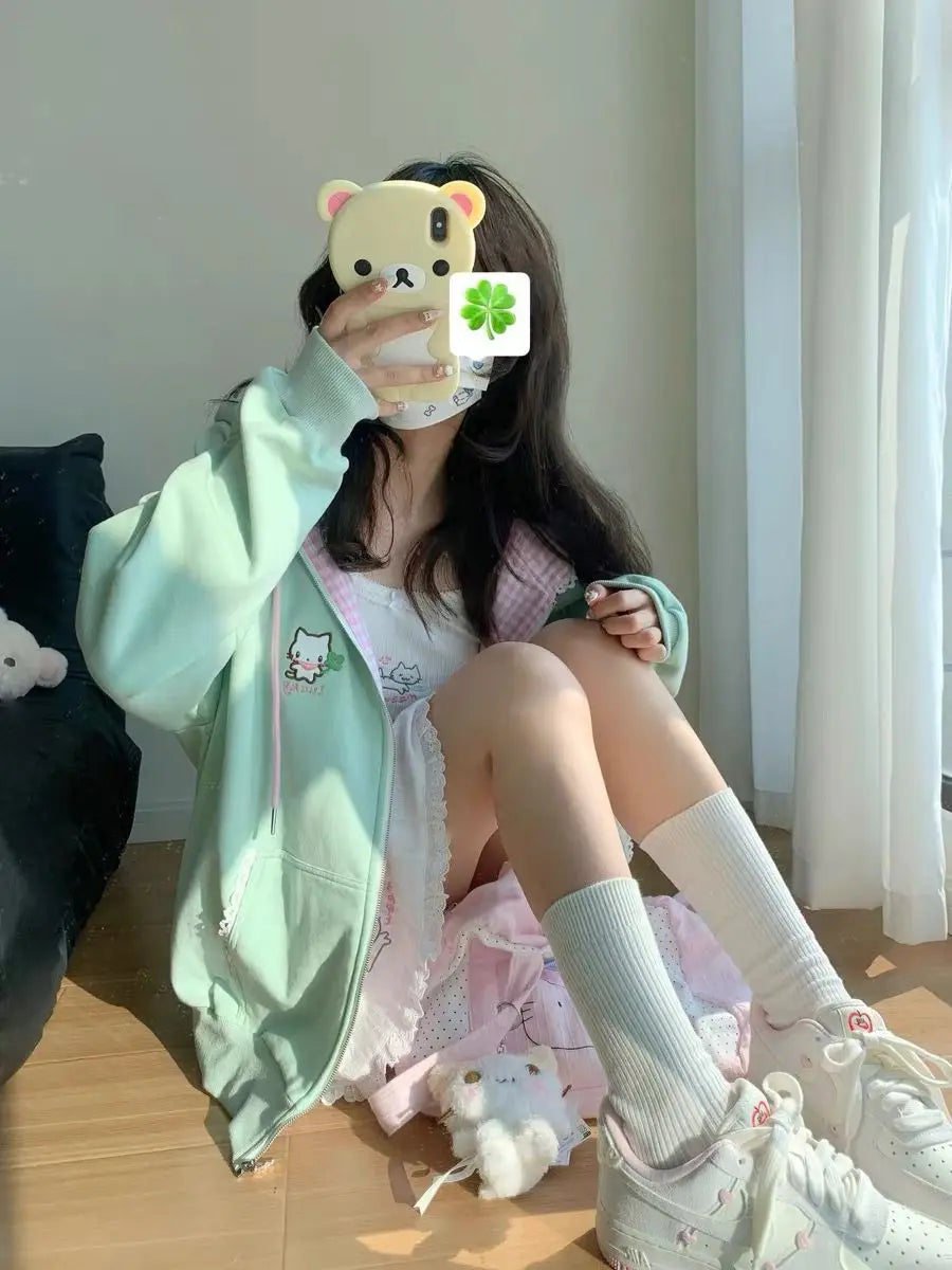 Y2k Hoodies Green Kawaii Cat Floral Print Hooded Zip-up Woman Sweatshirts Pink Thin Jacket Spring Fall Clothes Cute Streetwear