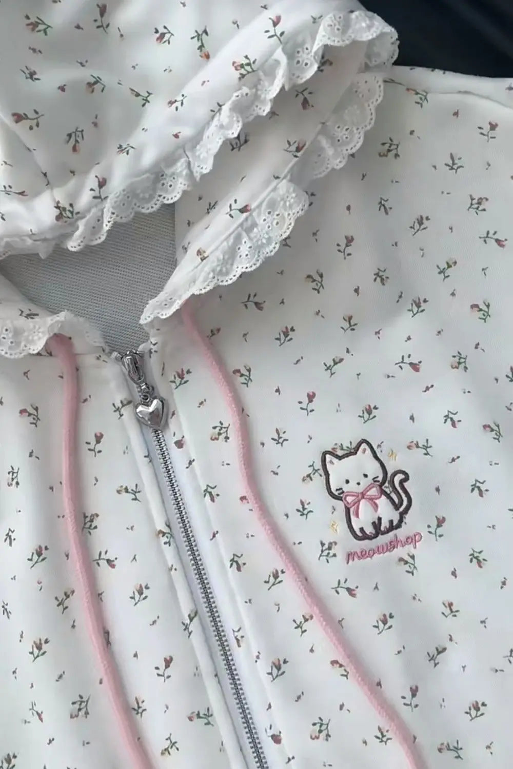 Y2k Hoodies Green Kawaii Cat Floral Print Hooded Zip-up Woman Sweatshirts Pink Thin Jacket Spring Fall Clothes Cute Streetwear
