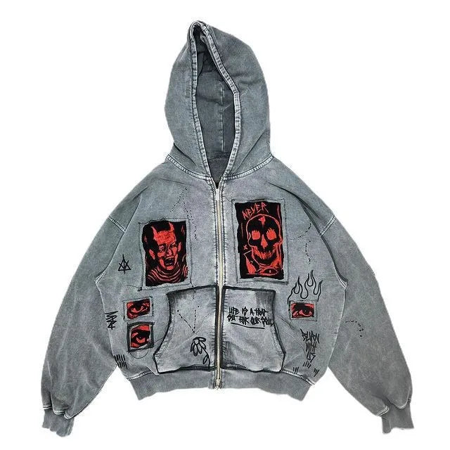European and American street Y2K devil print fashion trend Harajuku heavyweight men's and women's loose hooded hoodie Y2K EMO