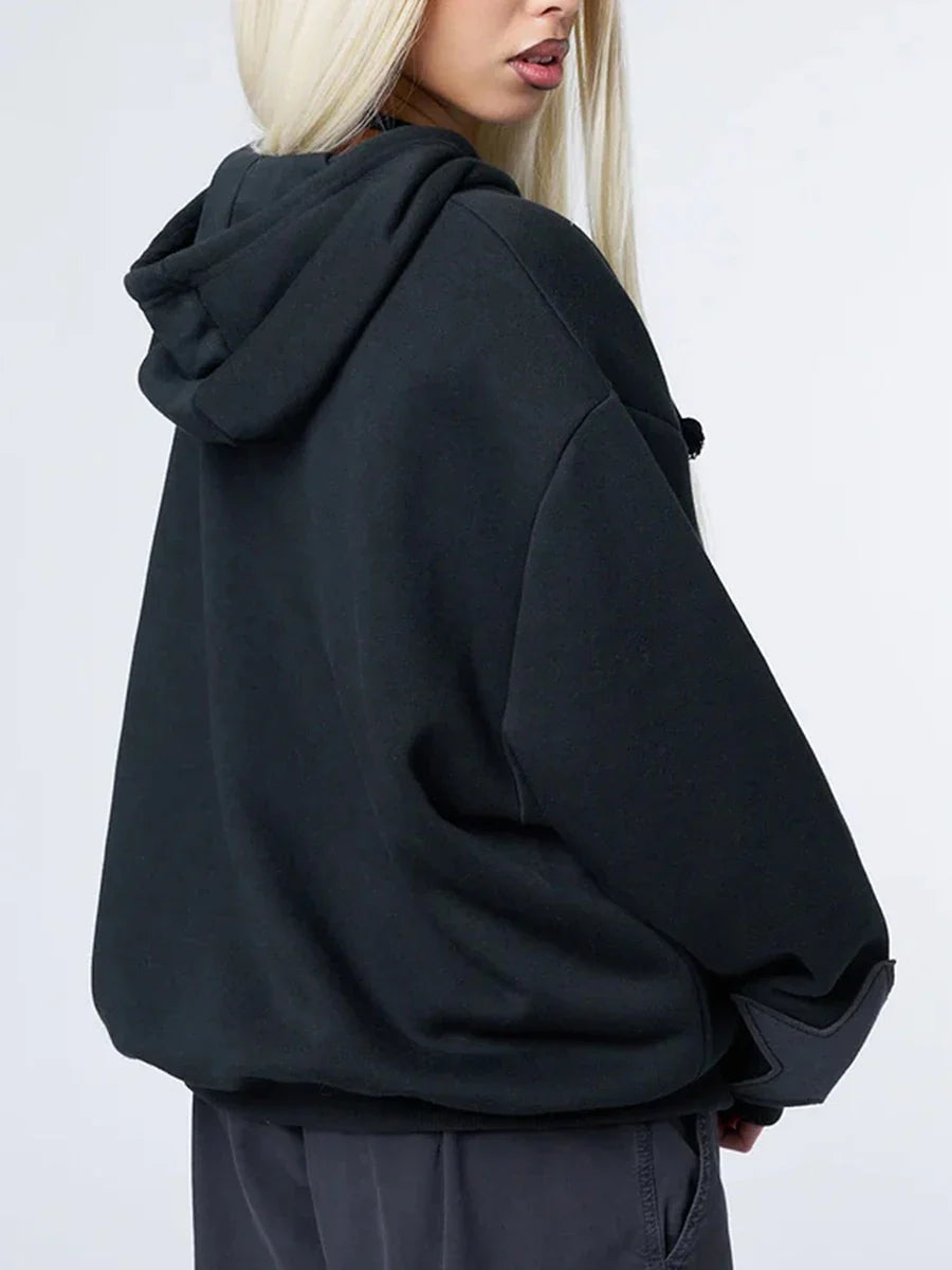 Y2K Vintage Star Print Hooded Hoodie for Women Casual Loose Long Sleeve Zip Up Drawstring Sweatshirts Autumn Spring Coat Street