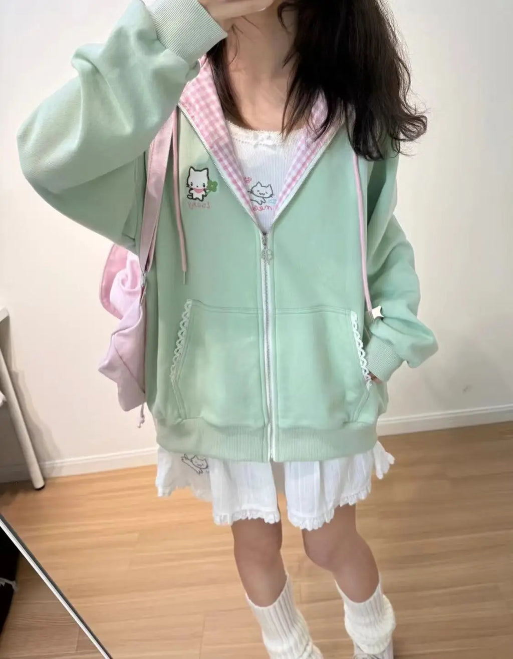 Y2k Hoodies Green Kawaii Cat Floral Print Hooded Zip-up Woman Sweatshirts Pink Thin Jacket Spring Fall Clothes Cute Streetwear