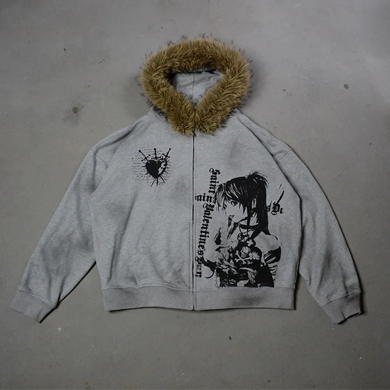 Winter Fashion Streetwear Women's Gothic Printed Faux Fur Hooded Jacket Trendy Edgy Zip - Up Sweatshirt 2026 New Arrival