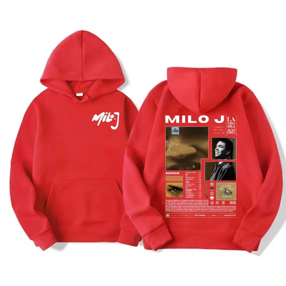 Rapper Milo J Oversized Hoody Album La Vida Era Mas Corta Print Hoodie Men Women Harajuku Pullover Long Sleeves Thick Sweatshirt