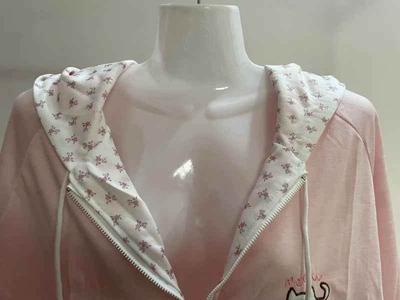 Y2k Hoodies Green Kawaii Cat Floral Print Hooded Zip-up Woman Sweatshirts Pink Thin Jacket Spring Fall Clothes Cute Streetwear