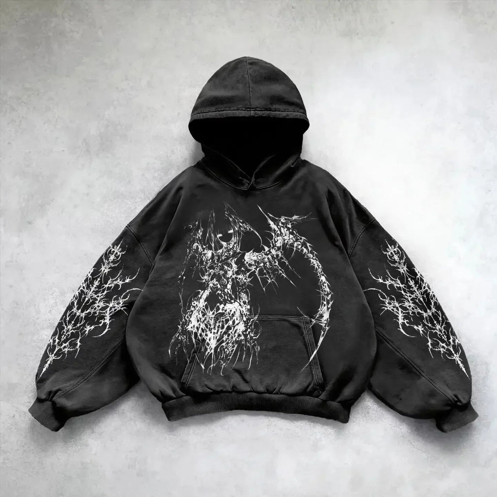 Retro Gothic Graphic Print Hip Hop Hoodie for Men Y2k Grunge Punk Casual Loose Pullover Women Streetwear Sweatshirt Hoodies