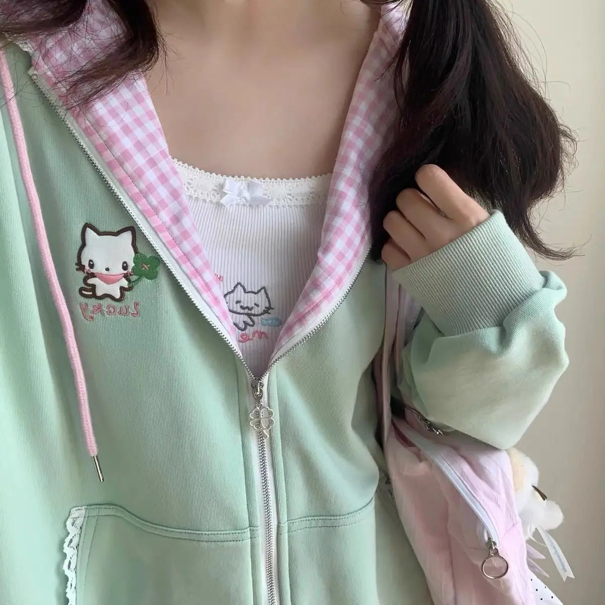 Y2k Hoodies Green Kawaii Cat Floral Print Hooded Zip-up Woman Sweatshirts Pink Thin Jacket Spring Fall Clothes Cute Streetwear