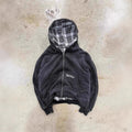 American Retro Reversible Plaid Zipper Hoodie Sweatshirt Mens Womens Casual Plaid Sweatshirt Solid Color Lining Y2K Street Style