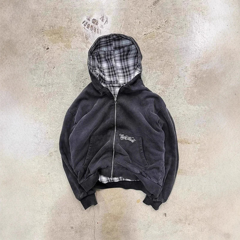 American Retro Reversible Plaid Zipper Hoodie Sweatshirt Mens Womens Casual Plaid Sweatshirt Solid Color Lining Y2K Street Style