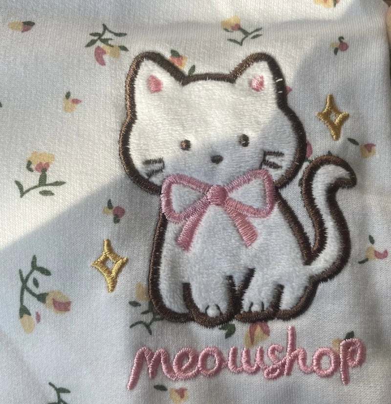 Y2k Hoodies Green Kawaii Cat Floral Print Hooded Zip-up Woman Sweatshirts Pink Thin Jacket Spring Fall Clothes Cute Streetwear