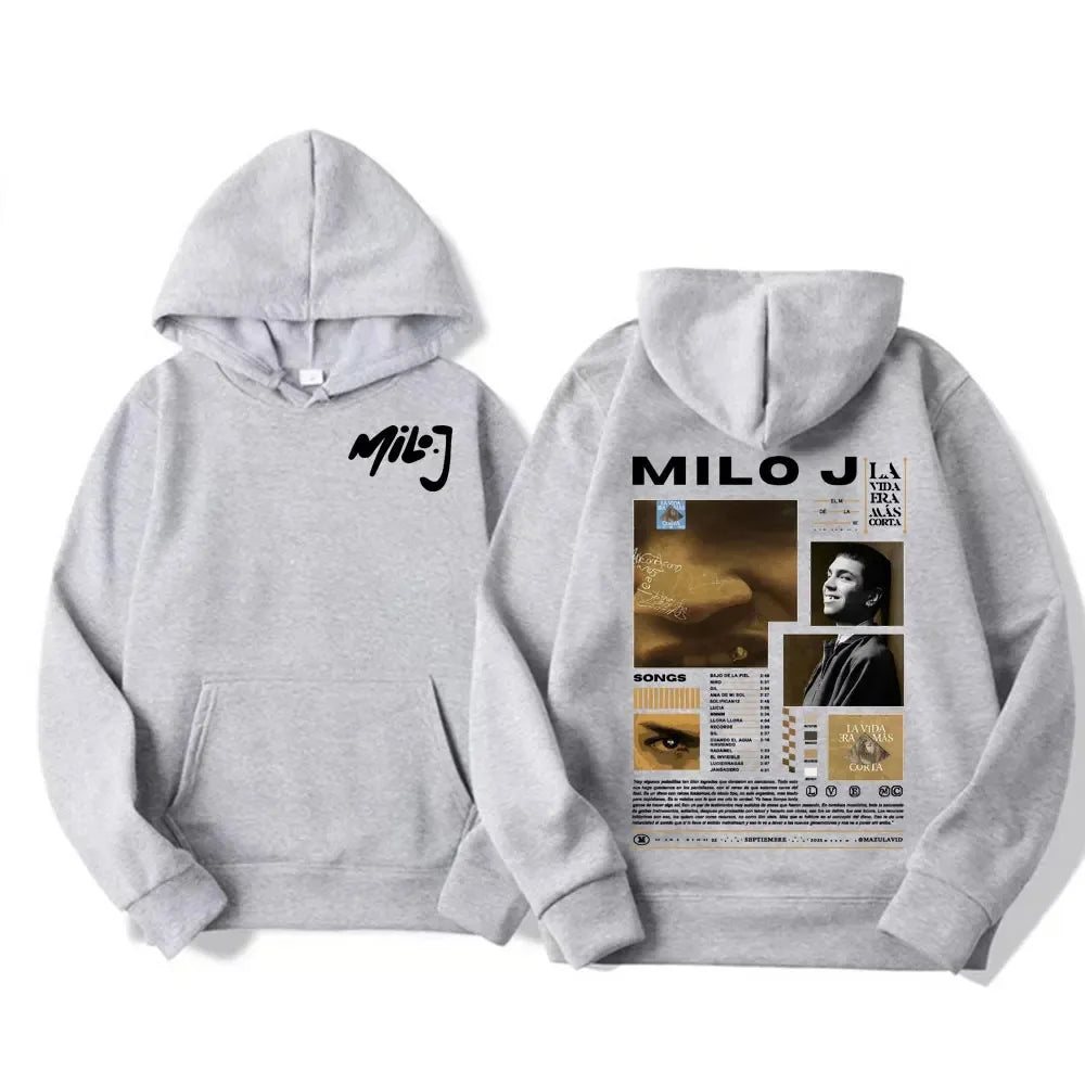 Rapper Milo J Oversized Hoody Album La Vida Era Mas Corta Print Hoodie Men Women Harajuku Pullover Long Sleeves Thick Sweatshirt