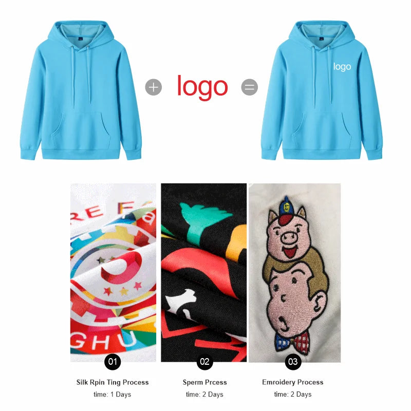 Fashion 9 Colors High-Quality Pullovers Custom Logo Printed Personal Group Brand Embroidery Men and Women 100% Cotton Hoodies