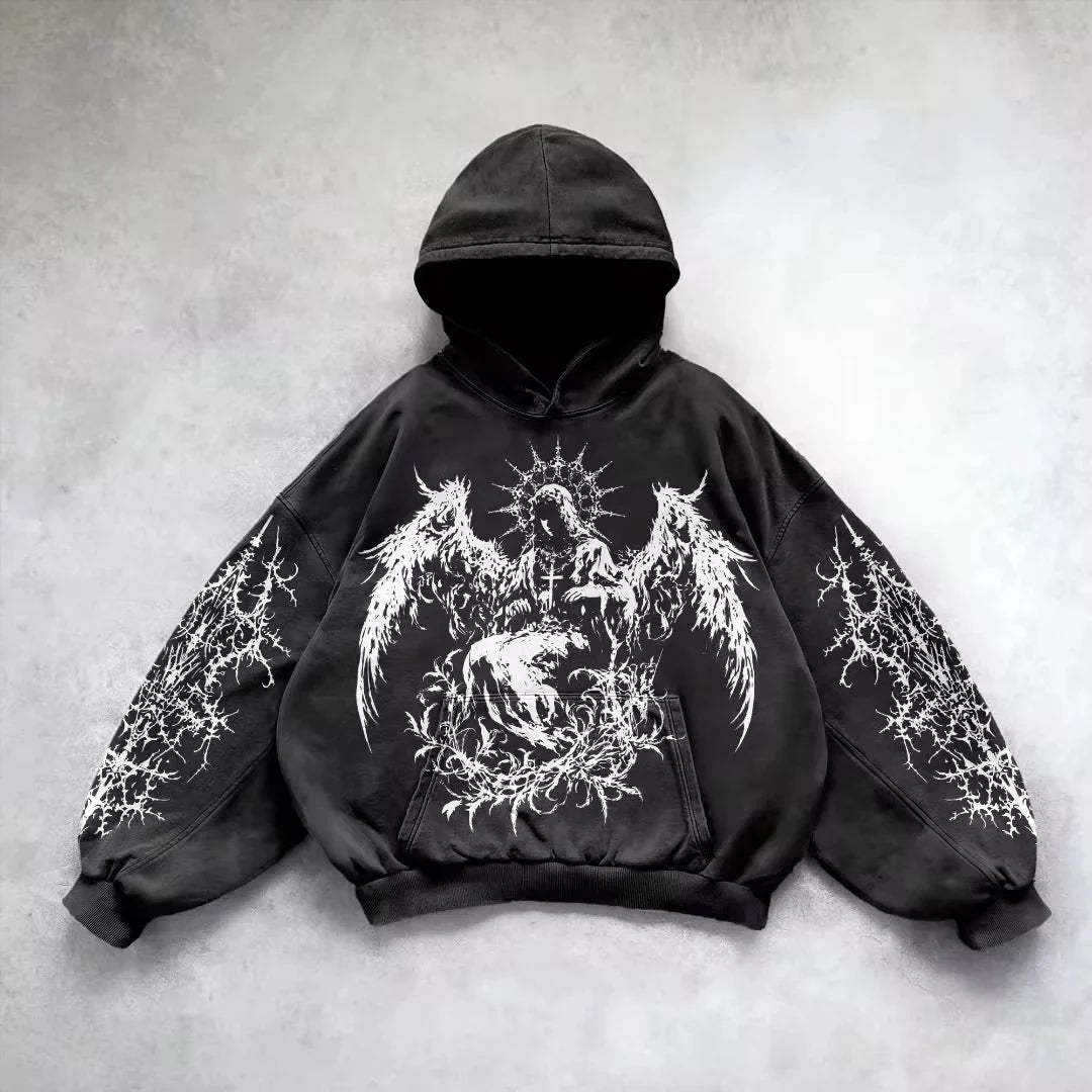 Retro Gothic Graphic Print Hip Hop Hoodie for Men Y2k Grunge Punk Casual Loose Pullover Women Streetwear Sweatshirt Hoodies
