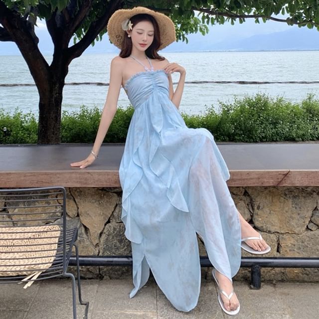 Halter Tie Dye Ruffle Side-Slit Maxi Sundress