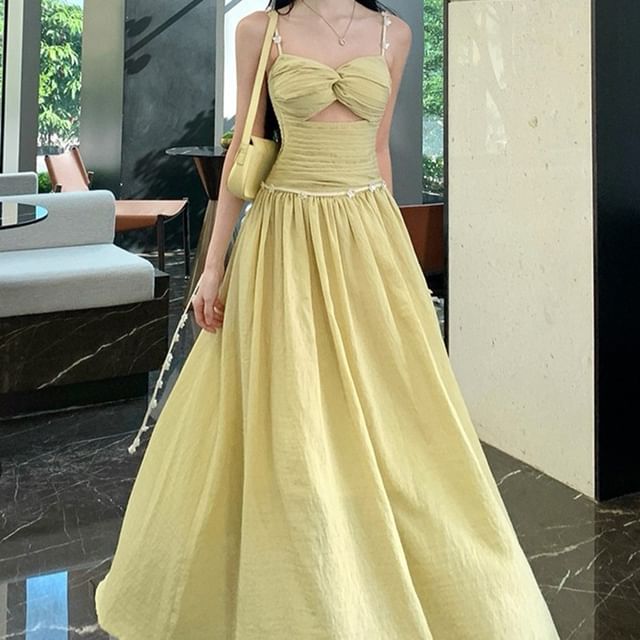 Spaghetti Strap Twist Front Cutout Maxi A-Line Dress