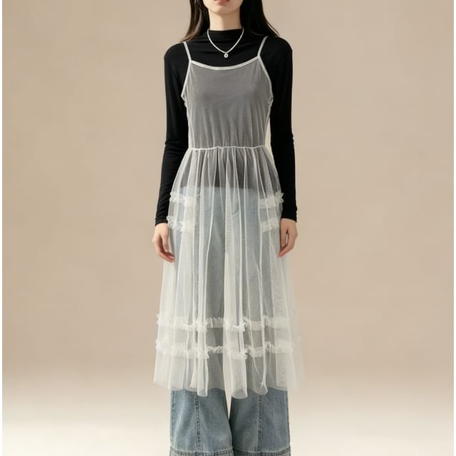 Spaghetti Strap Plain Sheer Midi A-Line Dress