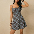 Spaghetti Strap Scoop Neck Tie-Front Plaid Mini A-Line Dress