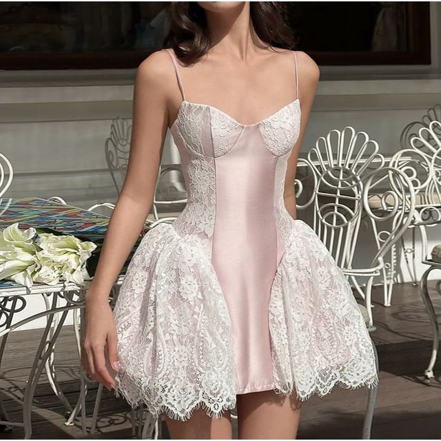 Spaghetti Strap Lace Panel Satin Mini Dress