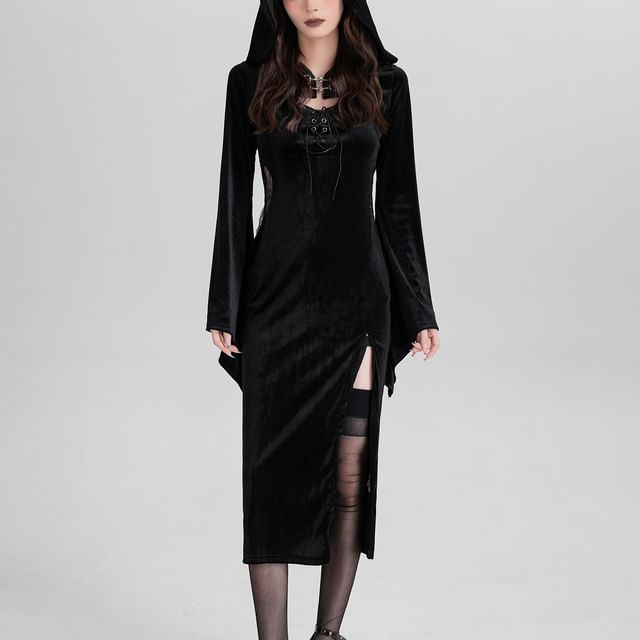 Set: Spaghetti Strap V-Neck Lace Panel Grommet Slit Midi Sheath Dress + Plain Hooded Buckled Shrug