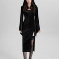 Set: Spaghetti Strap V-Neck Lace Panel Grommet Slit Midi Sheath Dress + Plain Hooded Buckled Shrug
