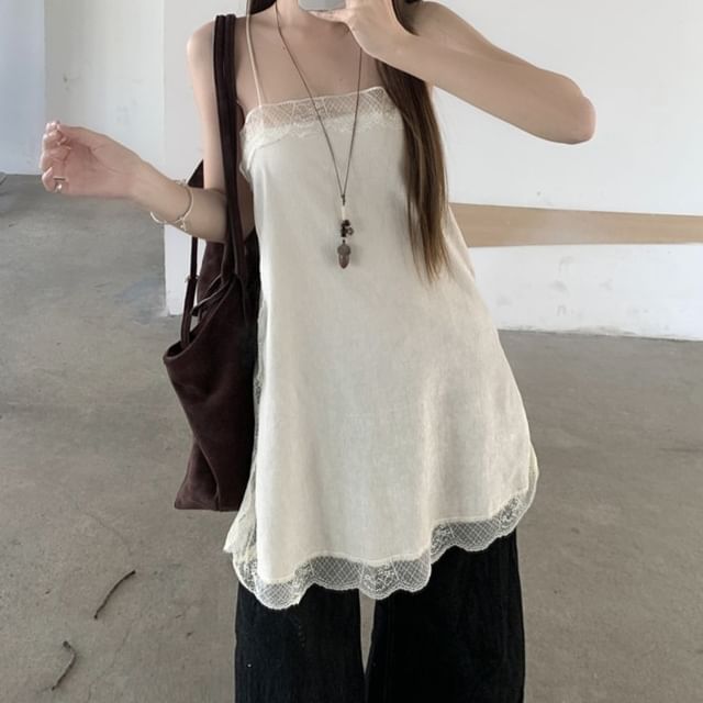 Long-Sleeve Crew Neck Plain Slim Fit T-Shirt / Spaghetti Strap Lace Panel Slit Mini Overall Dress