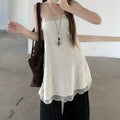 Long-Sleeve Crew Neck Plain Slim Fit T-Shirt / Spaghetti Strap Lace Panel Slit Mini Overall Dress