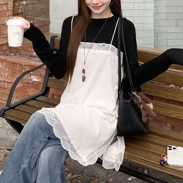 Long-Sleeve Crew Neck Plain Slim Fit T-Shirt / Spaghetti Strap Lace Panel Slit Mini Overall Dress